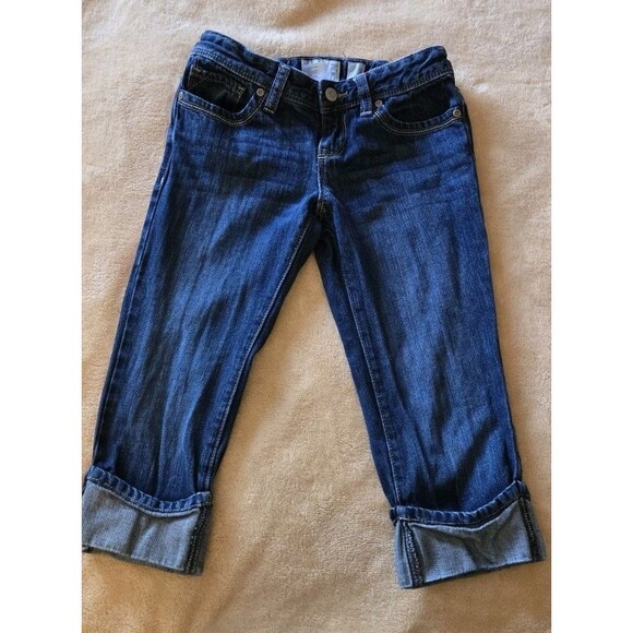 Old Navy Cropped Blue Jeans Girls Sz 10 Cotton Capri Pants Med Wash Adjustable - Picture 2 of 15